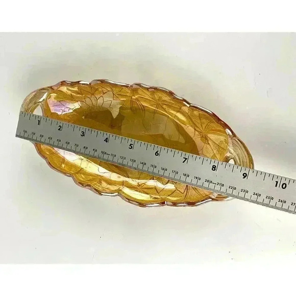 VTG Indiana Carnival Glass Marigold Trinket Dish Handles Embossed Floral Oval - Picture 3 of 11